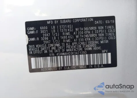 2019 Subaru Ascent Premium from USA, damaged, VIN 4S4WMAHD3K3471293